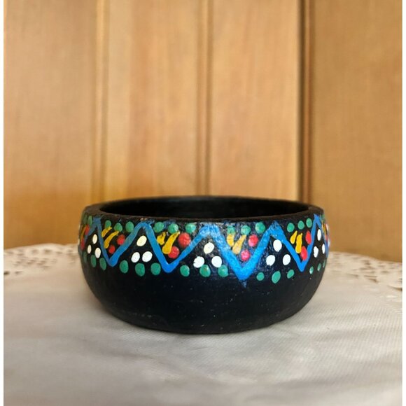 Handcrafted Black Clay Bowl Mandala Design Trinket Dish Votive Tea Lite Holder - Picture 1 of 5